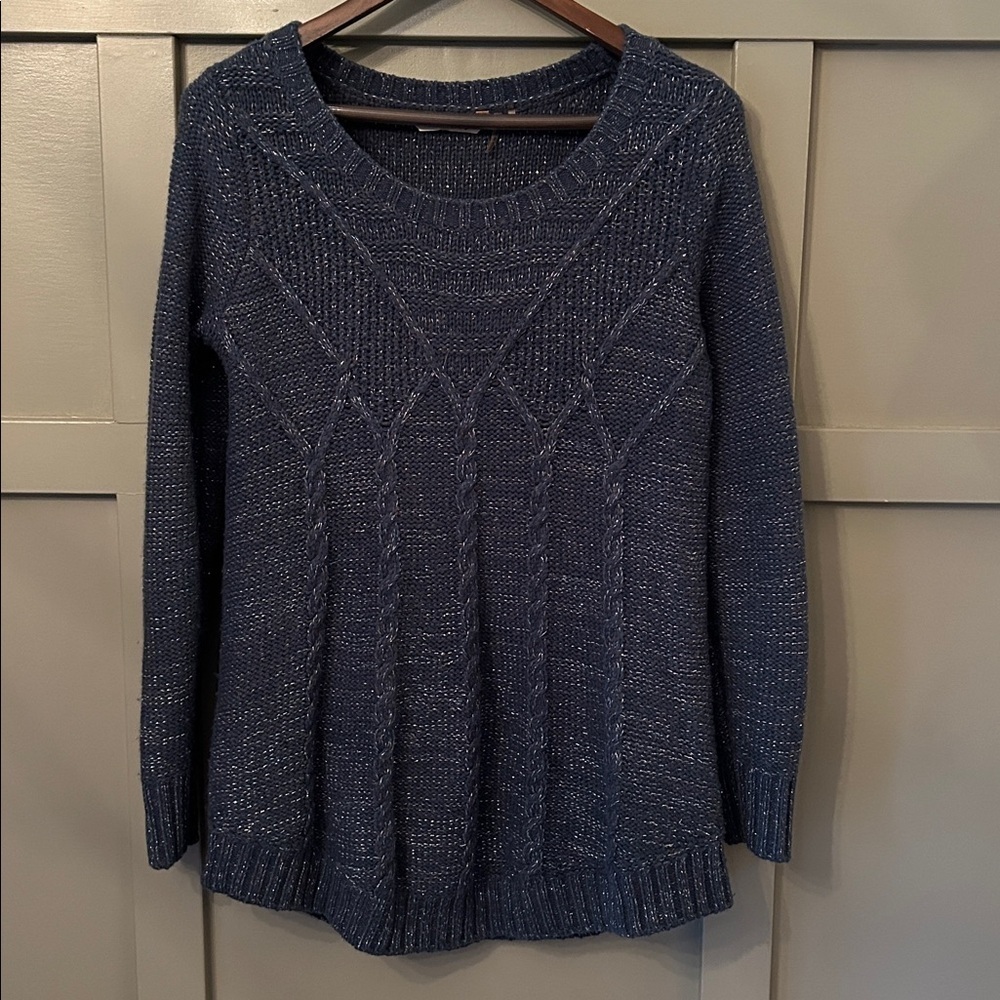 Soft Surroundings Cable Knit Sweater Blue Silver Metallic Sparkle Size Small